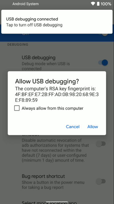 手机上的 USB 调试授权弹窗