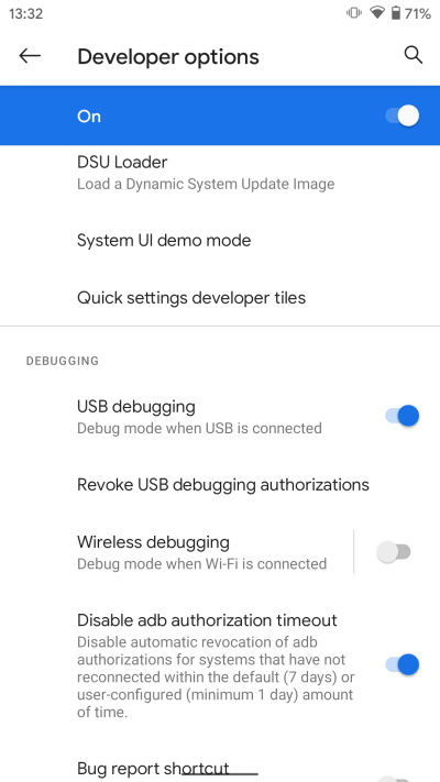 开发者选项中的 USB 调试开关