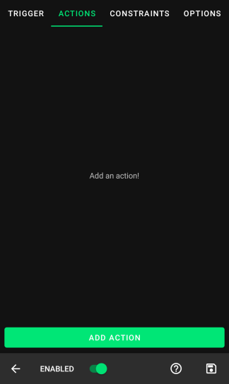 动作标签页：Add action 按钮与已添加动作的列表
