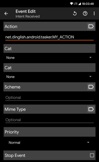 Tasker 侧配置 Intent Received 事件的界面